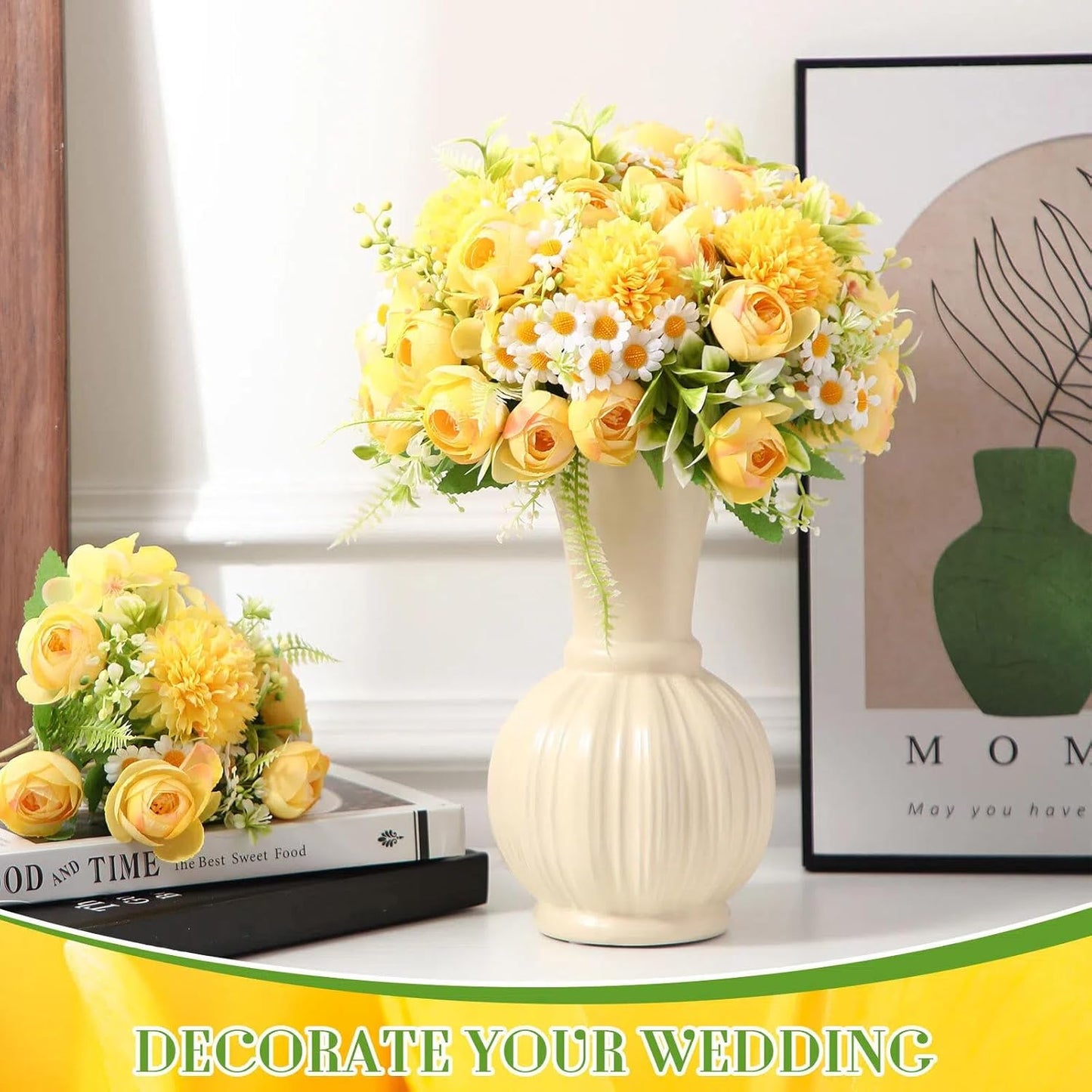 Peonies Artificial Flowers Faux Roses Silk Flowers Hydrangea Artificial Bouquet for Wedding Table Centerpiece Floral Vase Home Office Bridal Decor(Light Yellow,12 Bundles)
