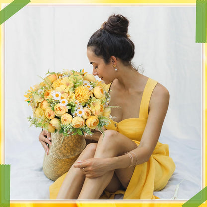 Peonies Artificial Flowers Faux Roses Silk Flowers Hydrangea Artificial Bouquet for Wedding Table Centerpiece Floral Vase Home Office Bridal Decor(Light Yellow,12 Bundles)