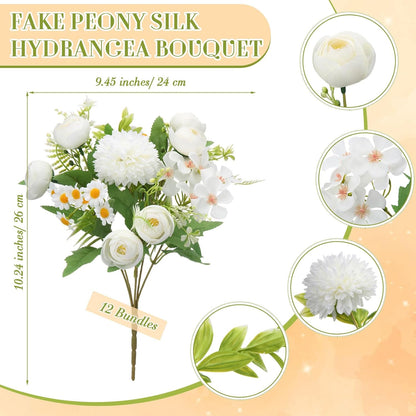 Peonies Artificial Flowers Faux Roses Silk Flowers Hydrangea Artificial Bouquet for Wedding Table Centerpiece Floral Vase Home Office Bridal Decor(Light Yellow,12 Bundles)