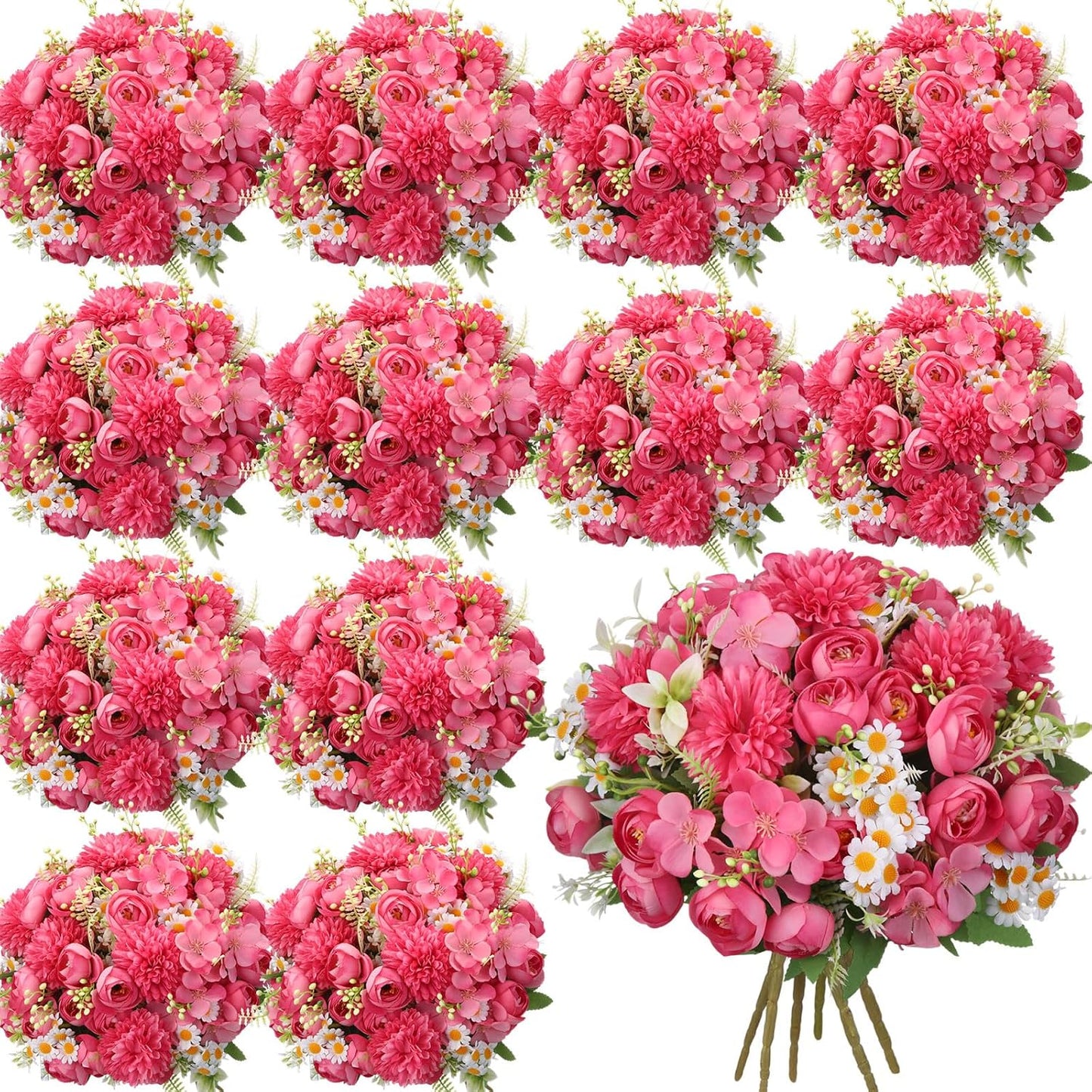 Peonies Artificial Flowers Faux Roses Silk Flowers Hydrangea Artificial Bouquet for Wedding Table Centerpiece Floral Vase Home Office Bridal Decor(Light Yellow,12 Bundles)