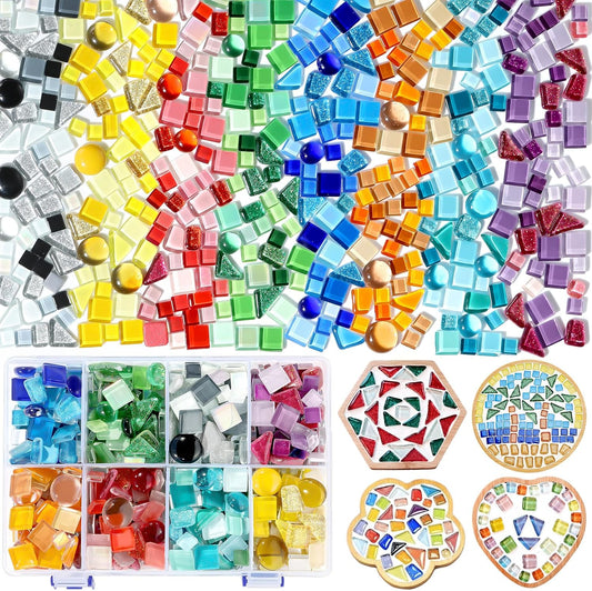 2.2lb 8 Color Mosaic Tiles for Crafts with Divided Storage Box | Mixed Irregular Shapes Glass Tiles for DIY Crafts, Bathroom Kitchen Home Decor, Art Projects