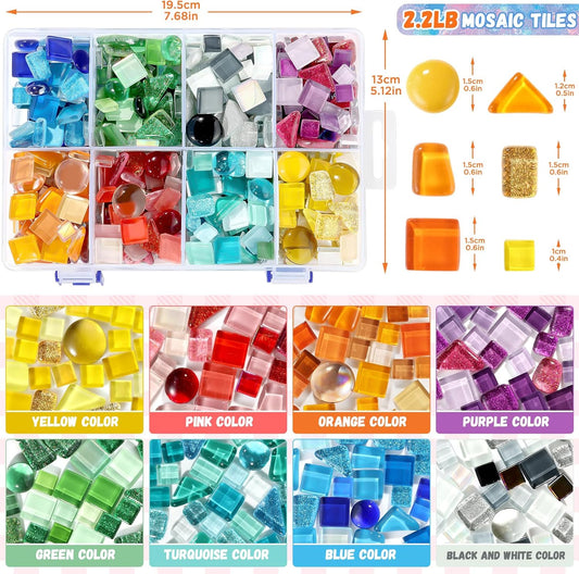 2.2lb 8 Color Mosaic Tiles for Crafts with Divided Storage Box | Mixed Irregular Shapes Glass Tiles for DIY Crafts, Bathroom Kitchen Home Decor, Art Projects