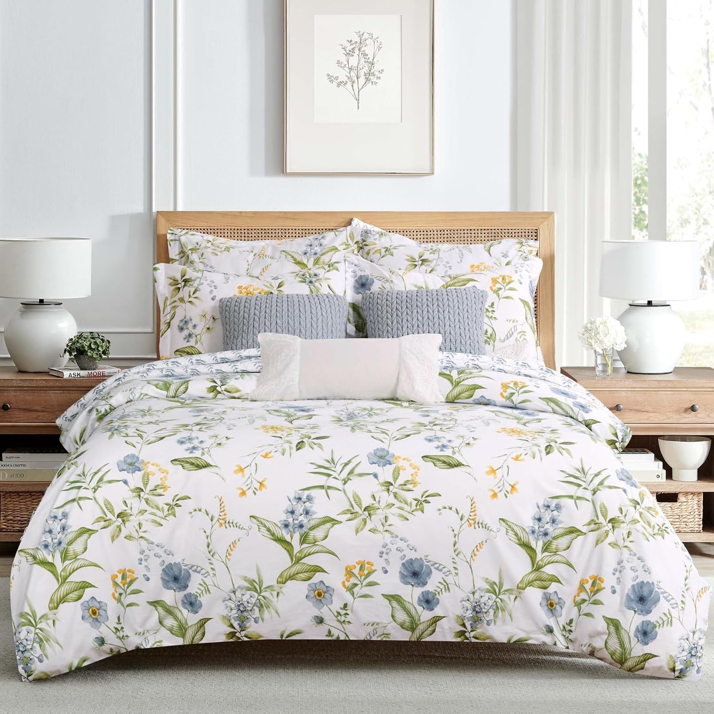 Viviana Blue Reversible King/Cal King Comforter Set (106x94in) with 2 Pillowcases (36x20in) - Floral - Blue, Green, Yellow, White - 100% Cotton King Size Comforter Set - Soft, Pre-Washed