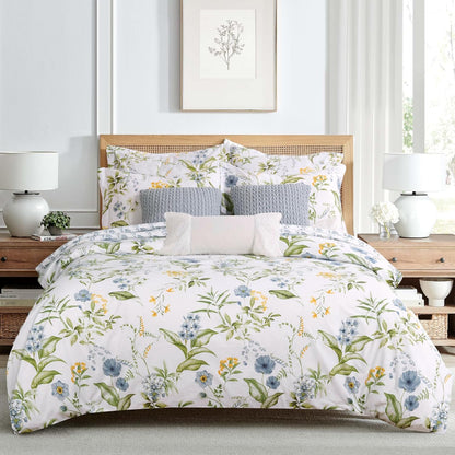 Viviana Blue Reversible King/Cal King Comforter Set (106x94in) with 2 Pillowcases (36x20in) - Floral - Blue, Green, Yellow, White - 100% Cotton King Size Comforter Set - Soft, Pre-Washed