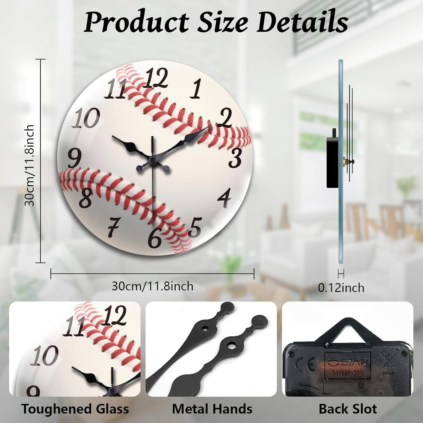 Lemon Wall Clocks Battery Operated, 12" Round Clock | Non Ticking Decorative Clock, Ocean Pattern Glass Design for Living Room, Kitchen, Bedroom & Bathroom Decor