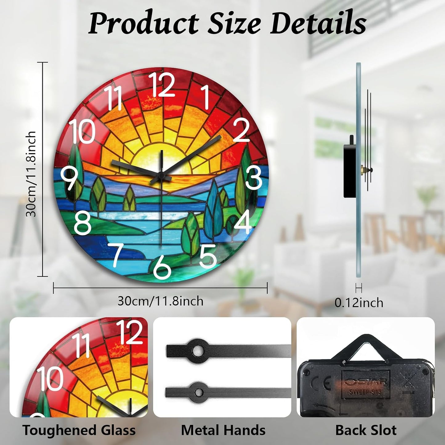 Lemon Wall Clocks Battery Operated, 12" Round Clock | Non Ticking Decorative Clock, Ocean Pattern Glass Design for Living Room, Kitchen, Bedroom & Bathroom Decor