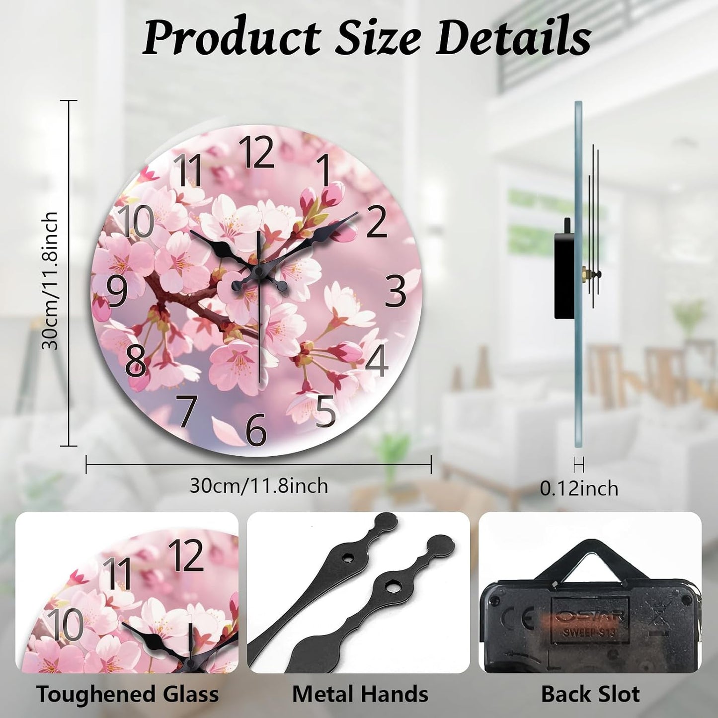Lemon Wall Clocks Battery Operated, 12" Round Clock | Non Ticking Decorative Clock, Ocean Pattern Glass Design for Living Room, Kitchen, Bedroom & Bathroom Decor