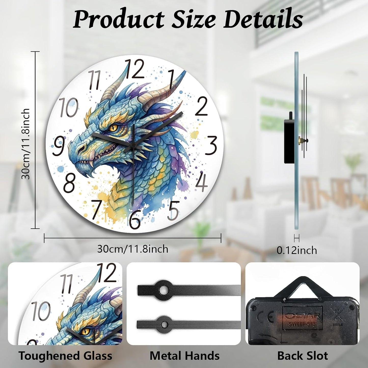 Lemon Wall Clocks Battery Operated, 12" Round Clock | Non Ticking Decorative Clock, Ocean Pattern Glass Design for Living Room, Kitchen, Bedroom & Bathroom Decor