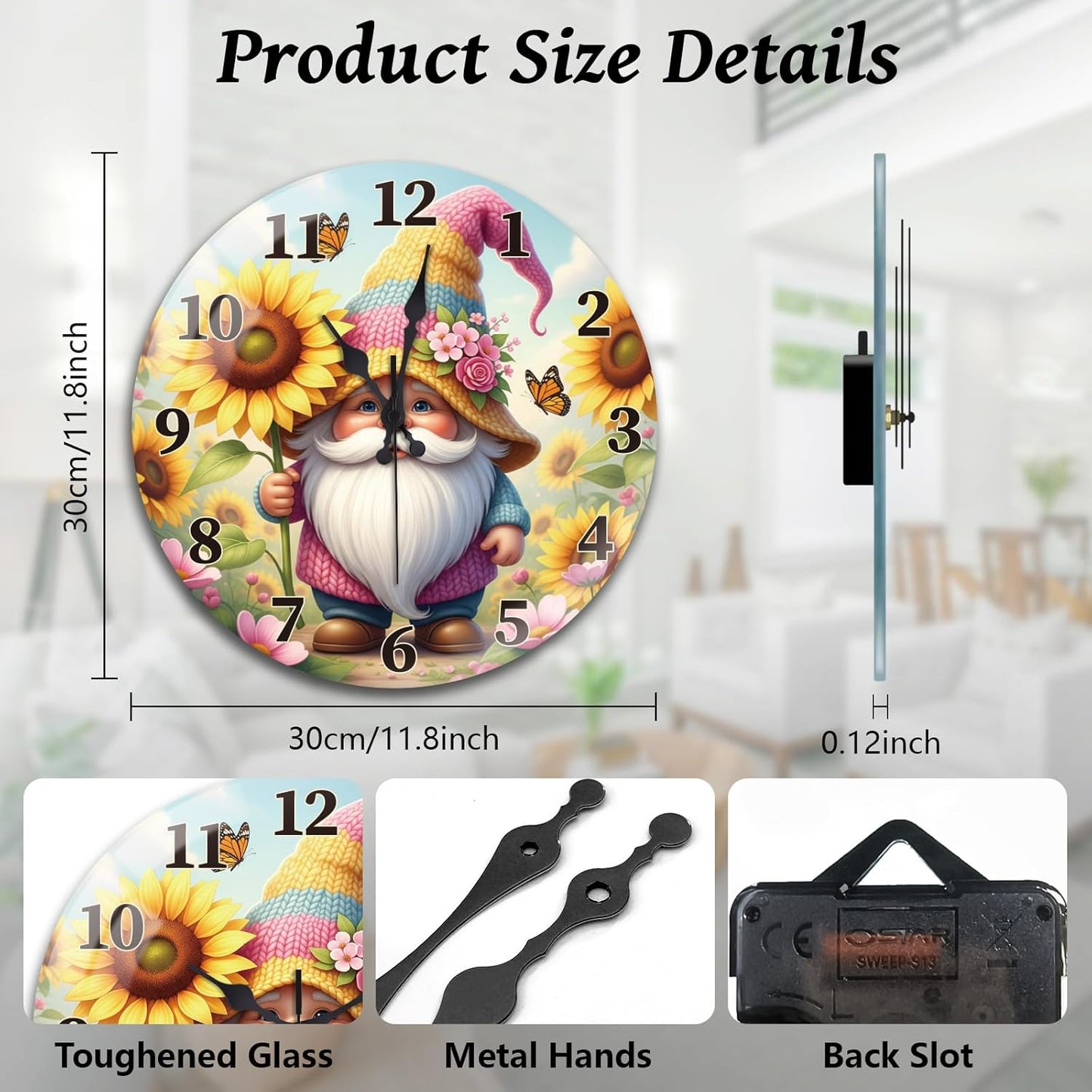 Lemon Wall Clocks Battery Operated, 12" Round Clock | Non Ticking Decorative Clock, Ocean Pattern Glass Design for Living Room, Kitchen, Bedroom & Bathroom Decor