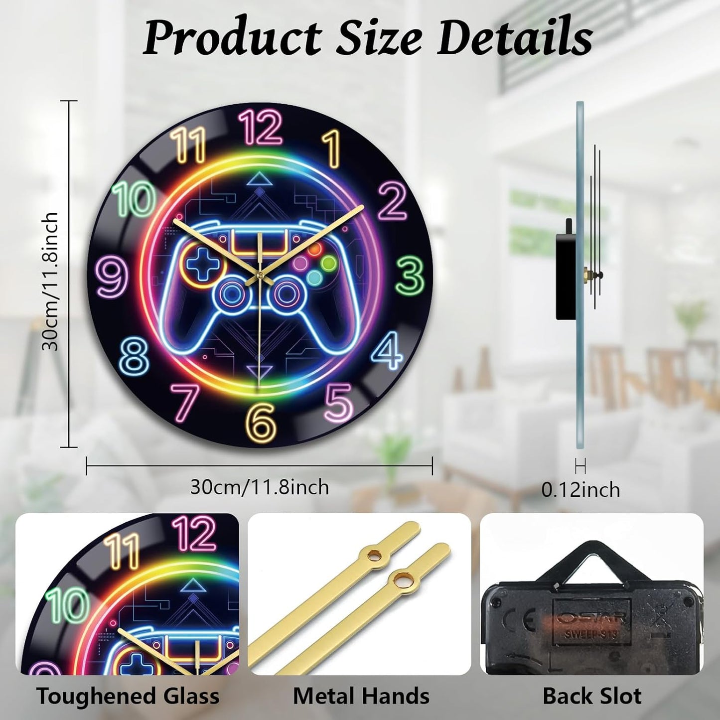 Lemon Wall Clocks Battery Operated, 12" Round Clock | Non Ticking Decorative Clock, Ocean Pattern Glass Design for Living Room, Kitchen, Bedroom & Bathroom Decor