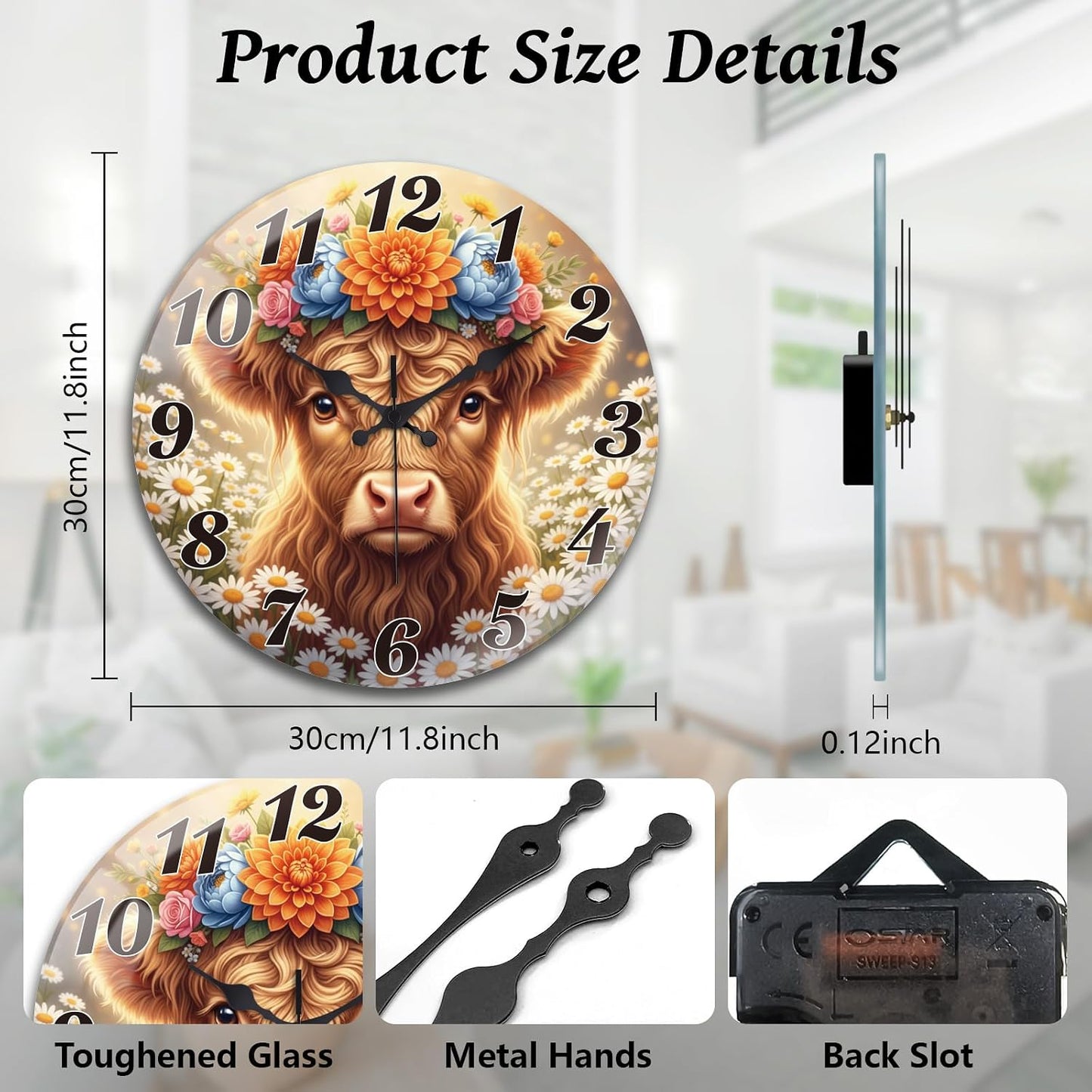 Lemon Wall Clocks Battery Operated, 12" Round Clock | Non Ticking Decorative Clock, Ocean Pattern Glass Design for Living Room, Kitchen, Bedroom & Bathroom Decor