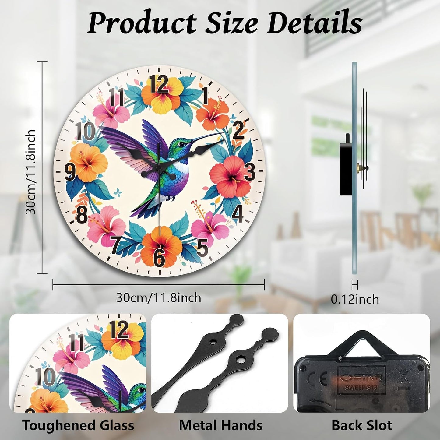 Lemon Wall Clocks Battery Operated, 12" Round Clock | Non Ticking Decorative Clock, Ocean Pattern Glass Design for Living Room, Kitchen, Bedroom & Bathroom Decor