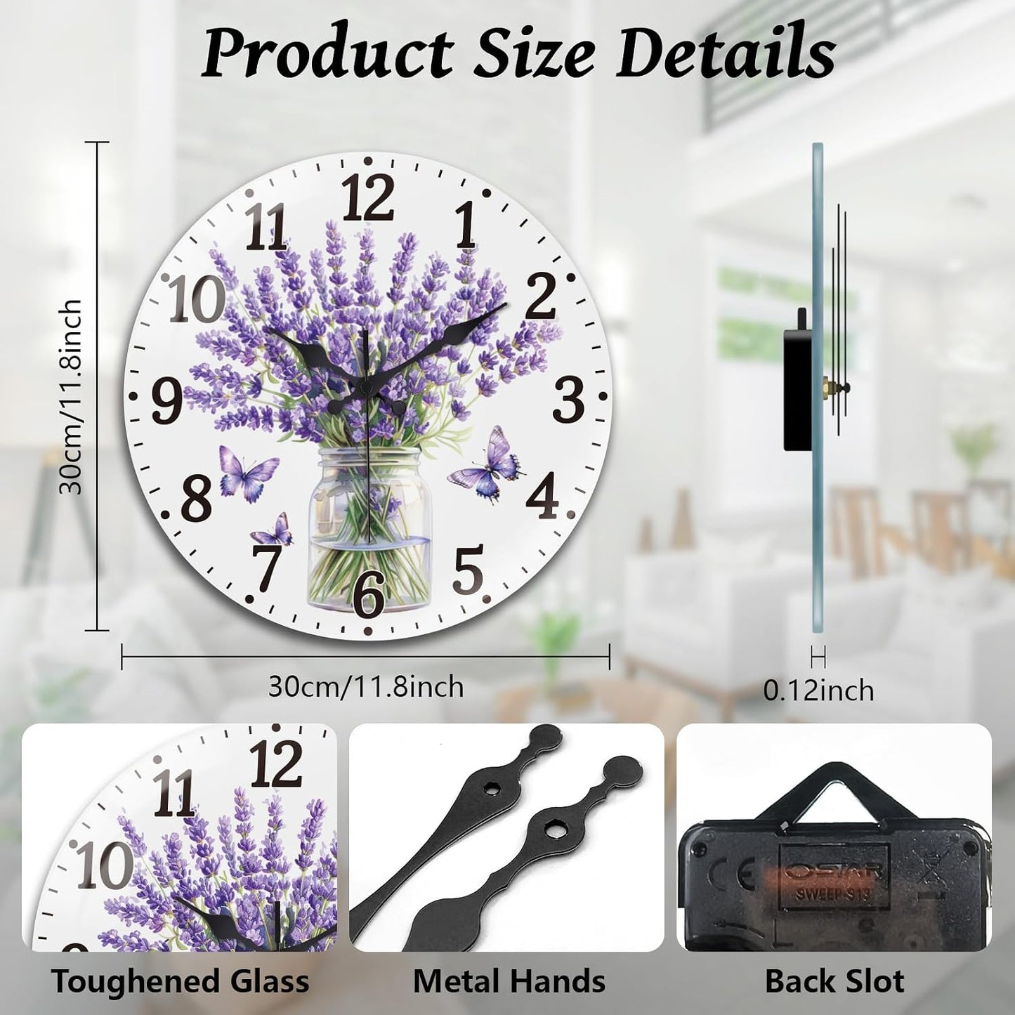 Lemon Wall Clocks Battery Operated, 12" Round Clock | Non Ticking Decorative Clock, Ocean Pattern Glass Design for Living Room, Kitchen, Bedroom & Bathroom Decor