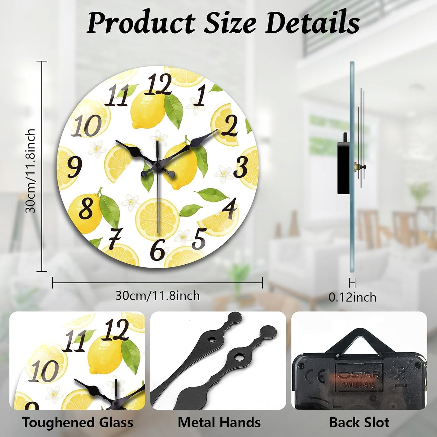 Lemon Wall Clocks Battery Operated, 12" Round Clock | Non Ticking Decorative Clock, Ocean Pattern Glass Design for Living Room, Kitchen, Bedroom & Bathroom Decor