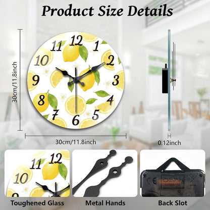Lemon Wall Clocks Battery Operated, 12" Round Clock | Non Ticking Decorative Clock, Ocean Pattern Glass Design for Living Room, Kitchen, Bedroom & Bathroom Decor
