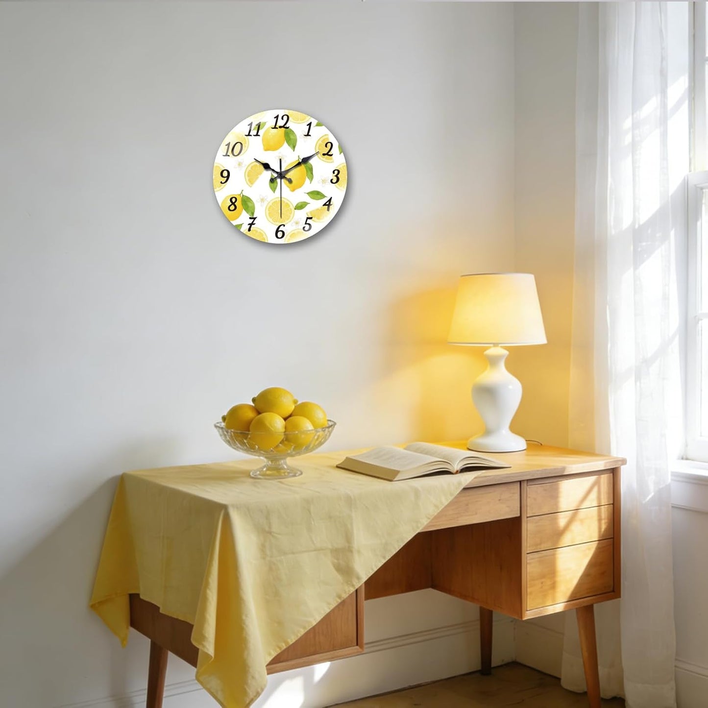 Lemon Wall Clocks Battery Operated, 12" Round Clock | Non Ticking Decorative Clock, Ocean Pattern Glass Design for Living Room, Kitchen, Bedroom & Bathroom Decor