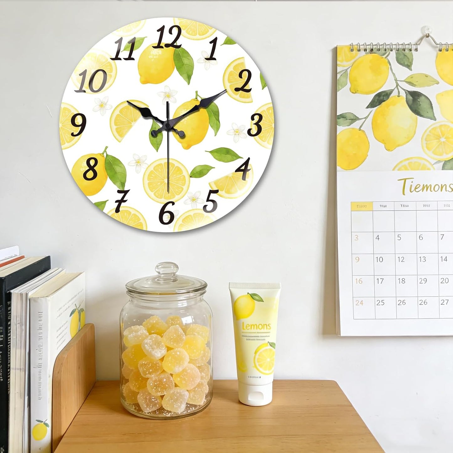 Lemon Wall Clocks Battery Operated, 12" Round Clock | Non Ticking Decorative Clock, Ocean Pattern Glass Design for Living Room, Kitchen, Bedroom & Bathroom Decor