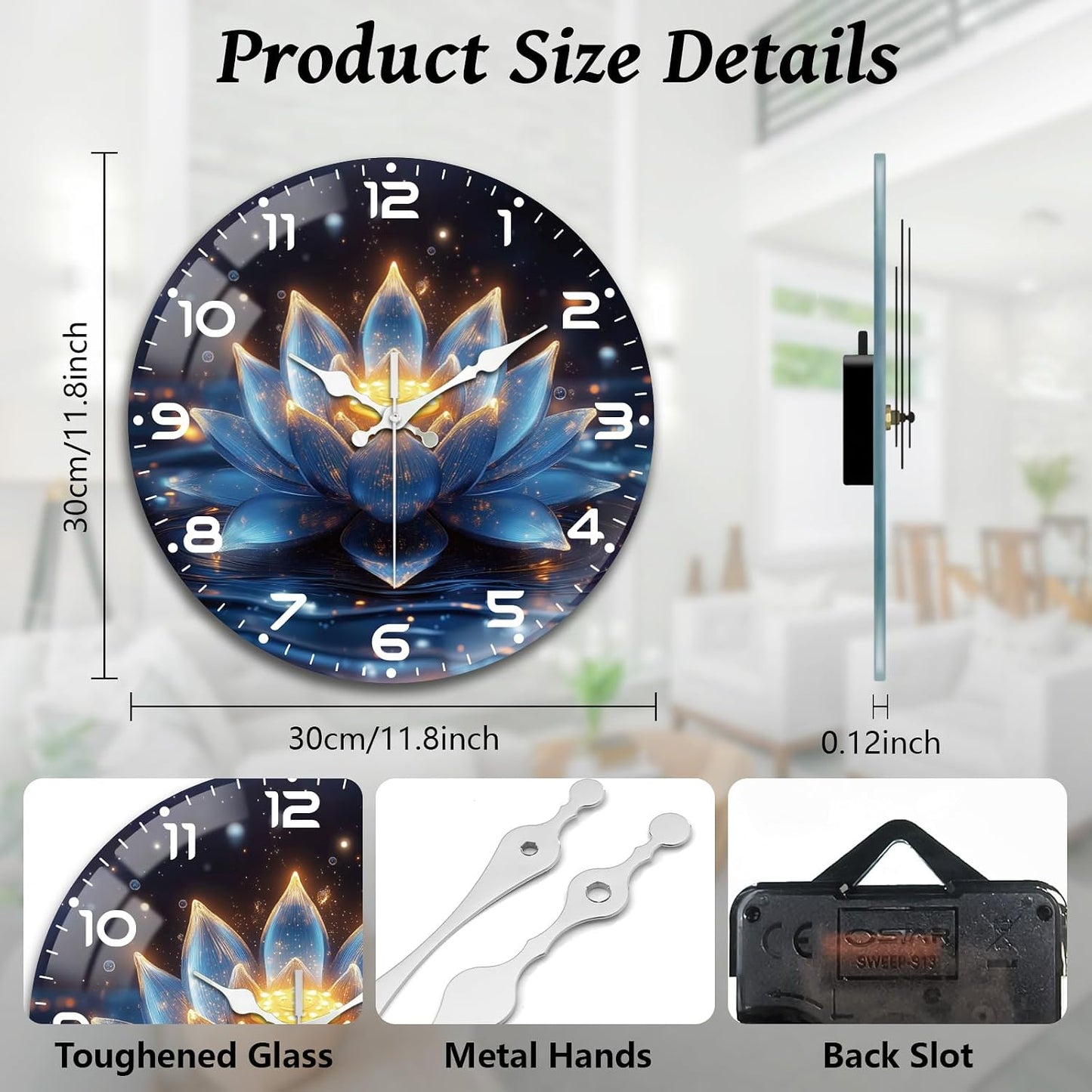 Lemon Wall Clocks Battery Operated, 12" Round Clock | Non Ticking Decorative Clock, Ocean Pattern Glass Design for Living Room, Kitchen, Bedroom & Bathroom Decor