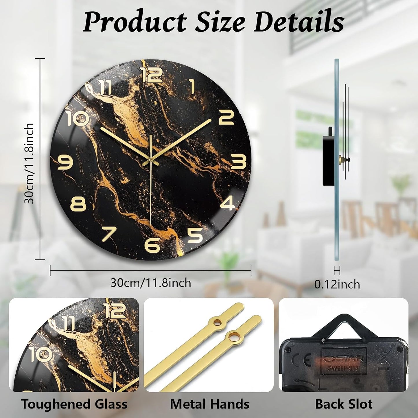 Lemon Wall Clocks Battery Operated, 12" Round Clock | Non Ticking Decorative Clock, Ocean Pattern Glass Design for Living Room, Kitchen, Bedroom & Bathroom Decor