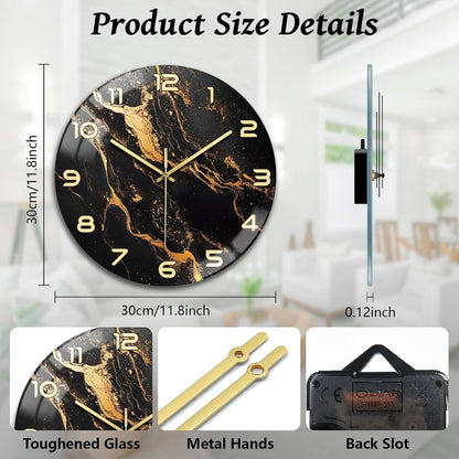 Lemon Wall Clocks Battery Operated, 12" Round Clock | Non Ticking Decorative Clock, Ocean Pattern Glass Design for Living Room, Kitchen, Bedroom & Bathroom Decor
