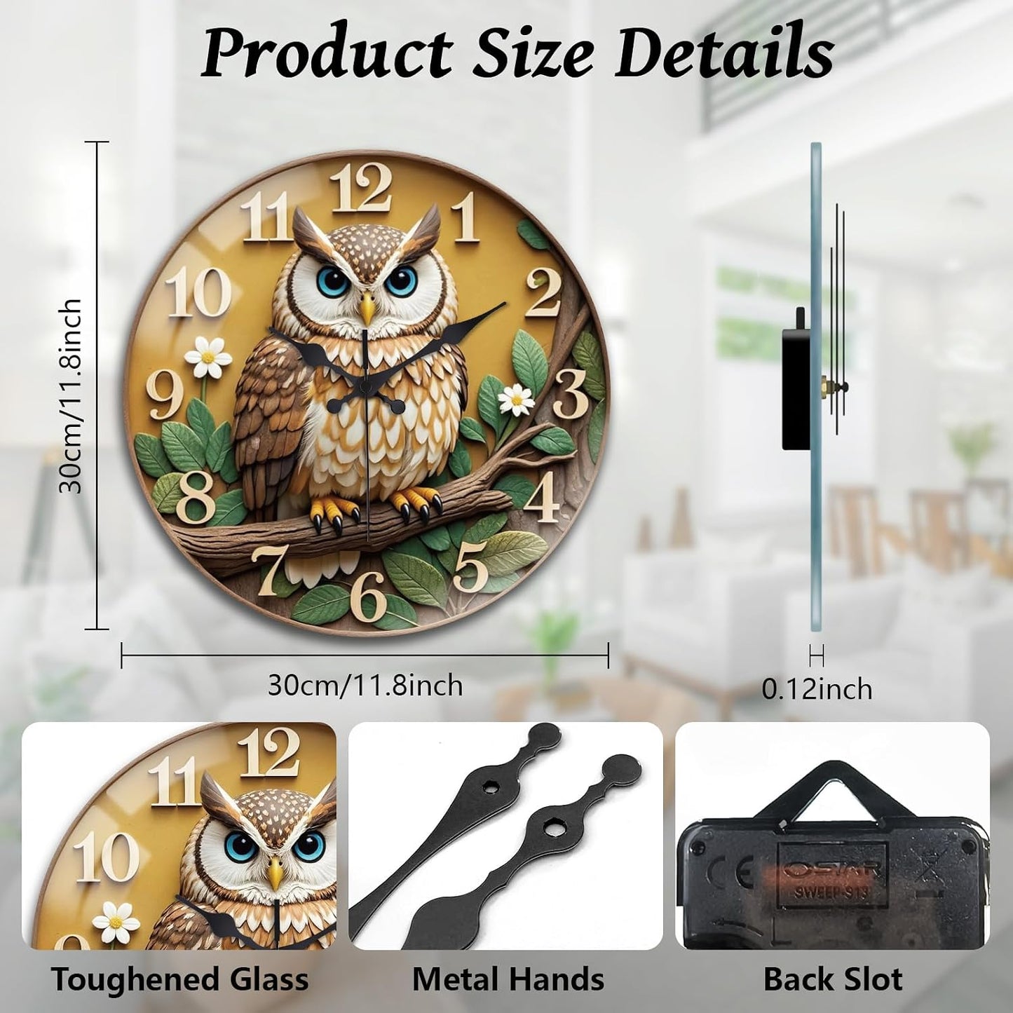 Lemon Wall Clocks Battery Operated, 12" Round Clock | Non Ticking Decorative Clock, Ocean Pattern Glass Design for Living Room, Kitchen, Bedroom & Bathroom Decor