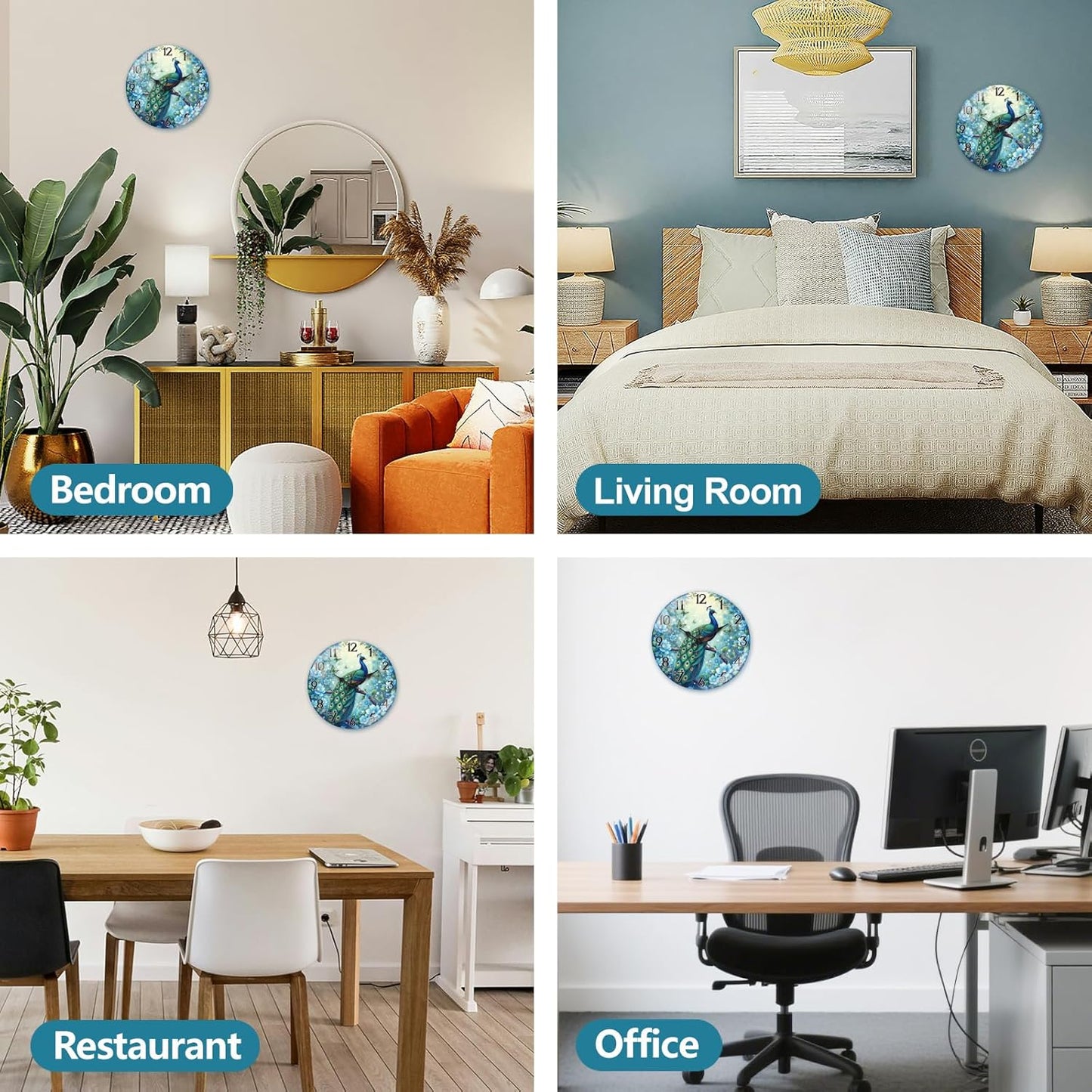 Lemon Wall Clocks Battery Operated, 12" Round Clock | Non Ticking Decorative Clock, Ocean Pattern Glass Design for Living Room, Kitchen, Bedroom & Bathroom Decor