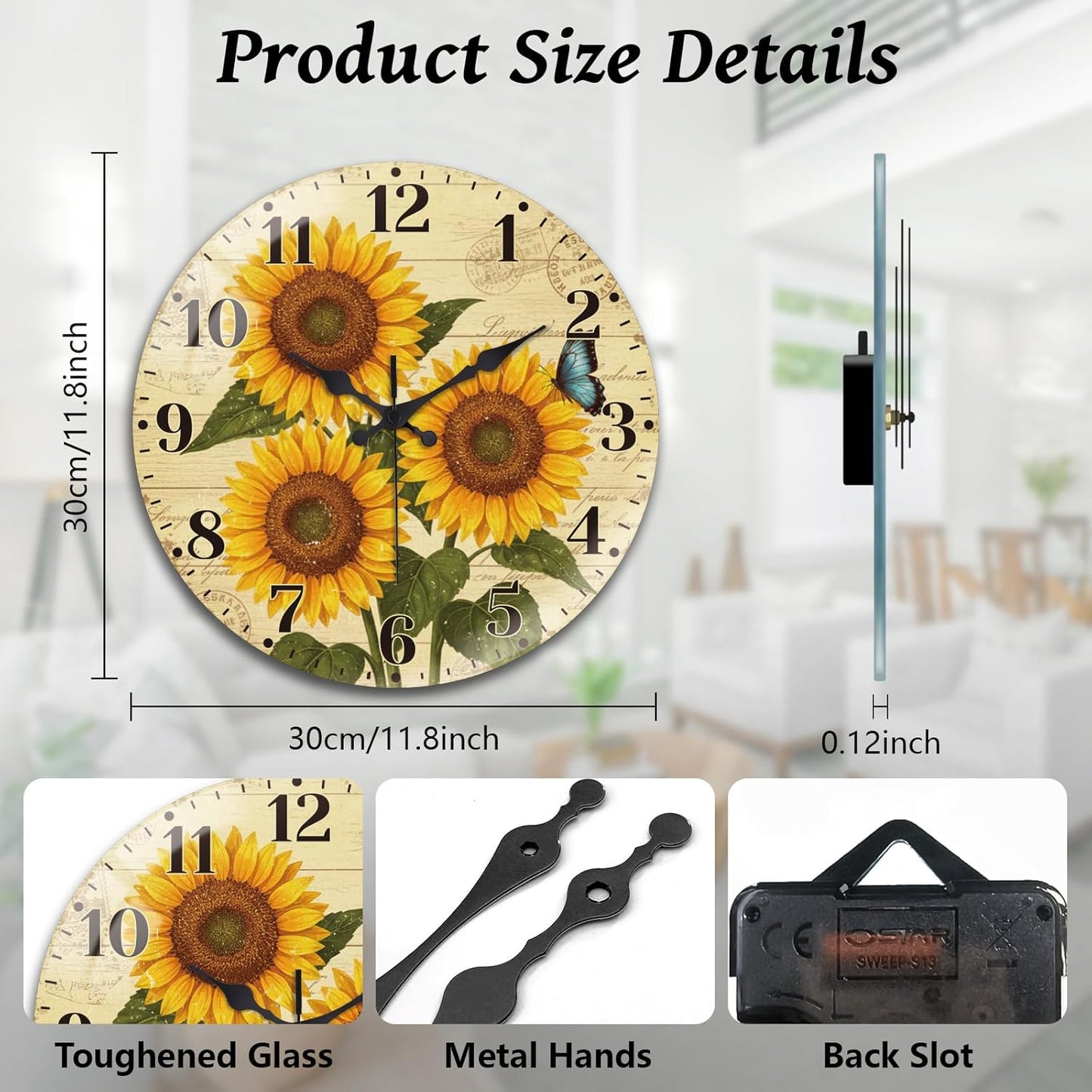Lemon Wall Clocks Battery Operated, 12" Round Clock | Non Ticking Decorative Clock, Ocean Pattern Glass Design for Living Room, Kitchen, Bedroom & Bathroom Decor