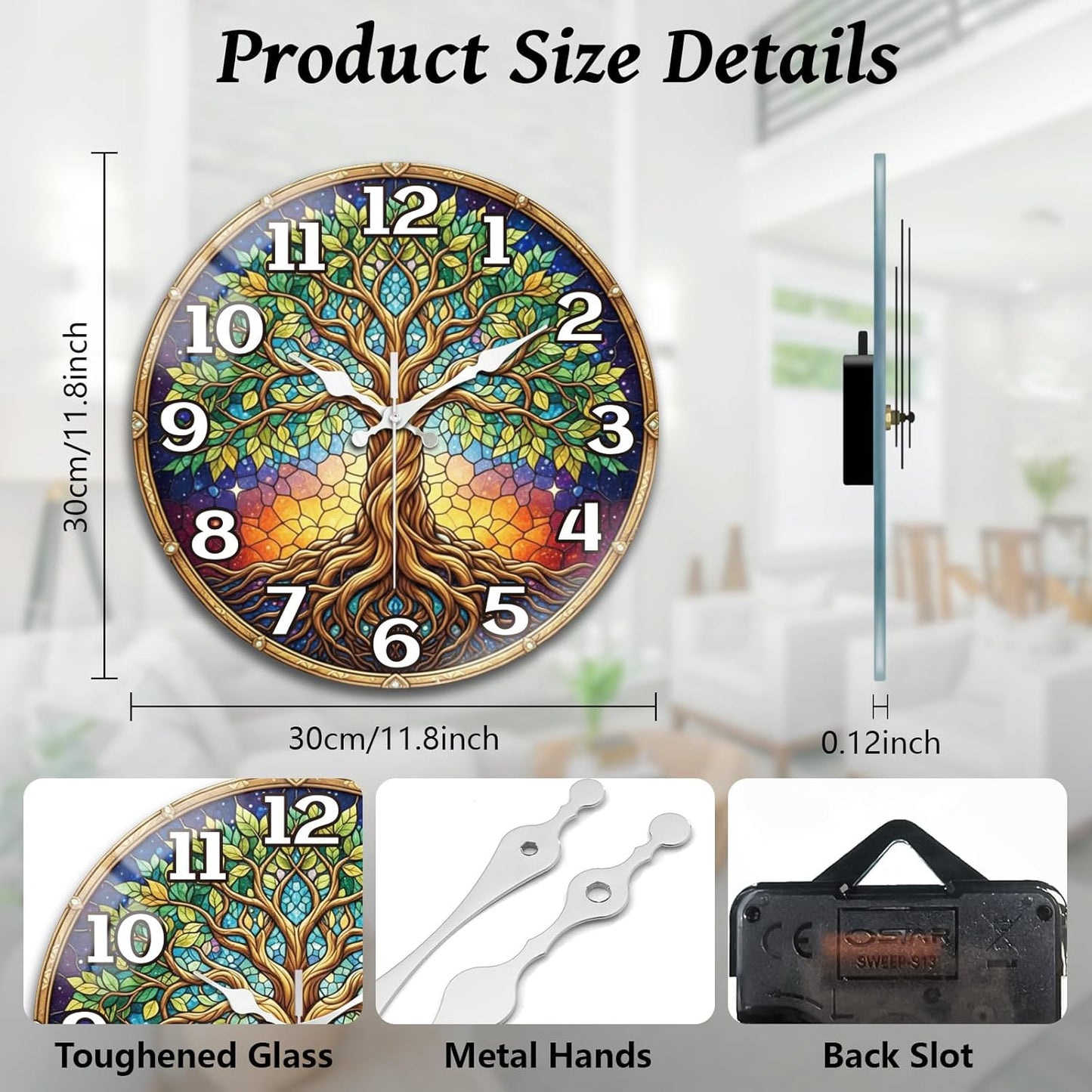 Lemon Wall Clocks Battery Operated, 12" Round Clock | Non Ticking Decorative Clock, Ocean Pattern Glass Design for Living Room, Kitchen, Bedroom & Bathroom Decor