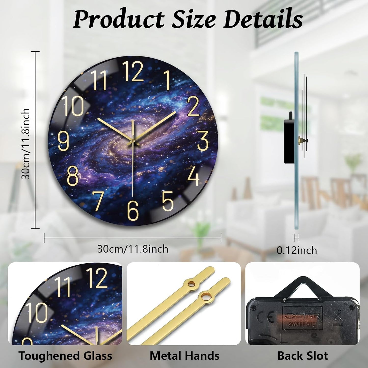 Lemon Wall Clocks Battery Operated, 12" Round Clock | Non Ticking Decorative Clock, Ocean Pattern Glass Design for Living Room, Kitchen, Bedroom & Bathroom Decor