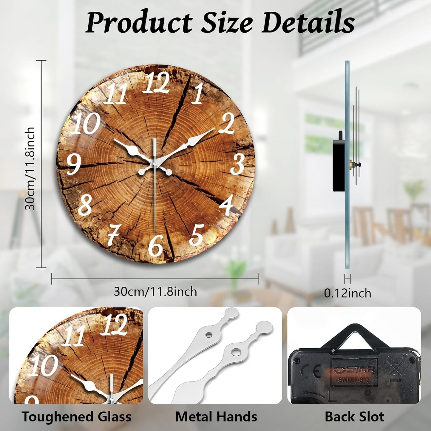 Lemon Wall Clocks Battery Operated, 12" Round Clock | Non Ticking Decorative Clock, Ocean Pattern Glass Design for Living Room, Kitchen, Bedroom & Bathroom Decor
