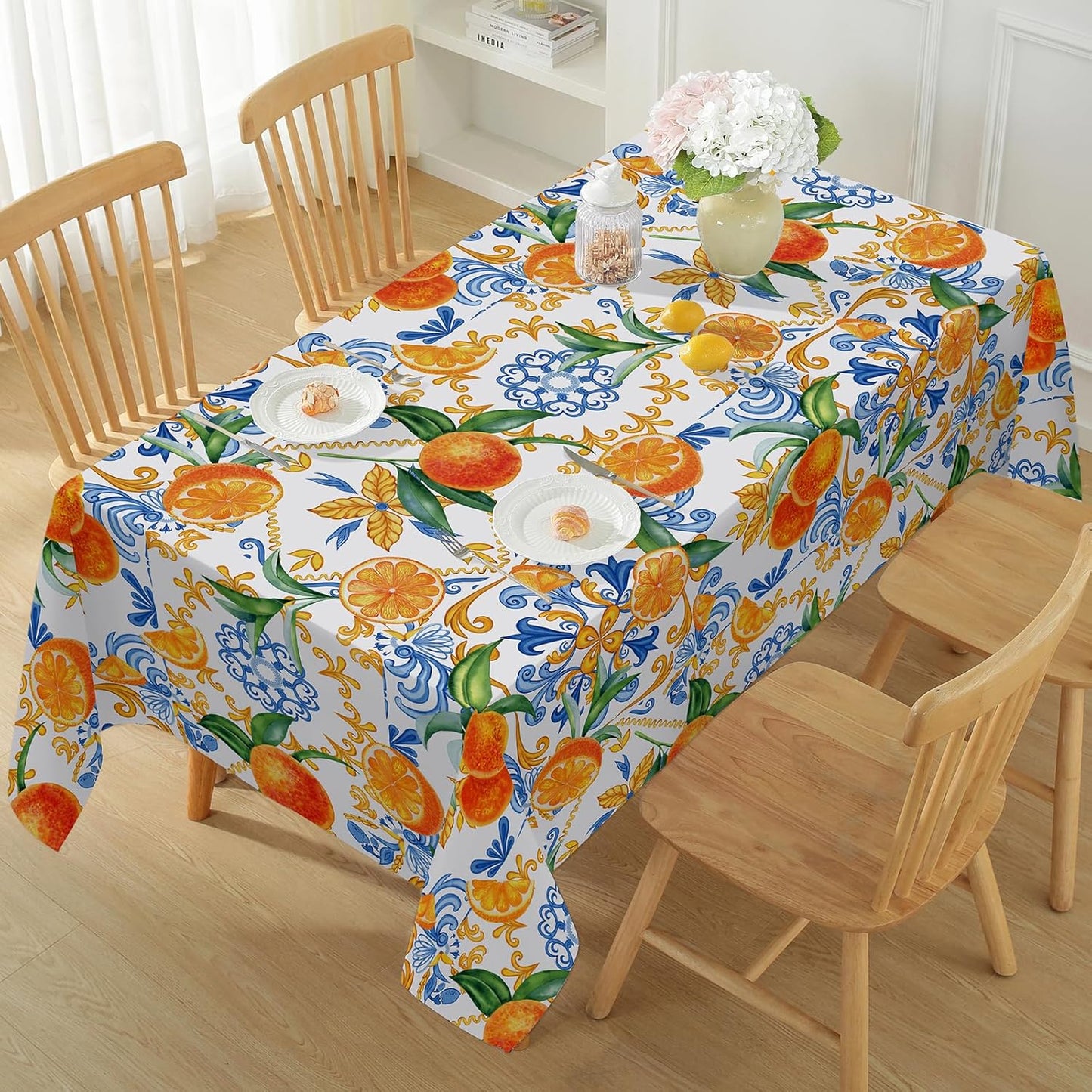 Honellaty Summer Tablecloth for Rectangle Tables, Lemon Print Table Cloth, Spill-Proof Wrinkle Free Polyester Table Cover for Dining, Kitchen, Daily Use, 52x70 Inch