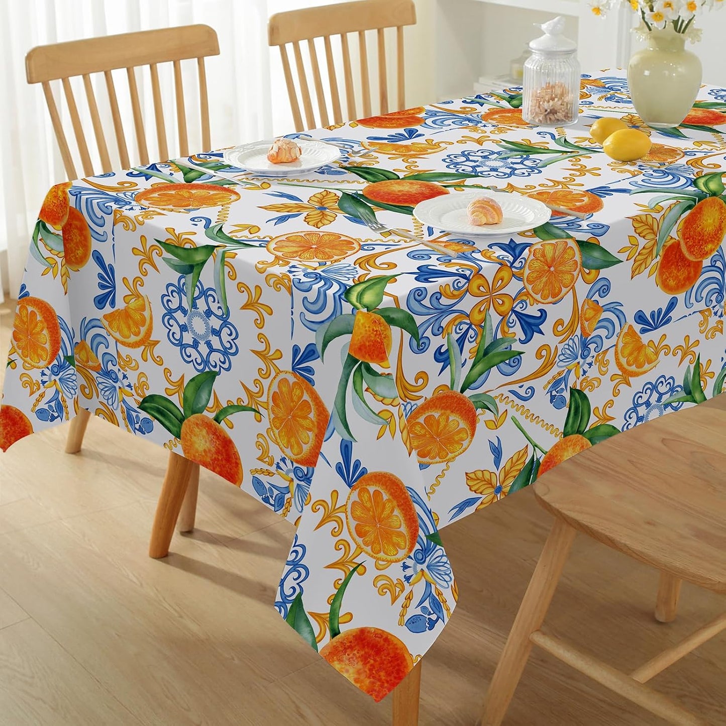 Honellaty Summer Tablecloth for Rectangle Tables, Lemon Print Table Cloth, Spill-Proof Wrinkle Free Polyester Table Cover for Dining, Kitchen, Daily Use, 52x70 Inch