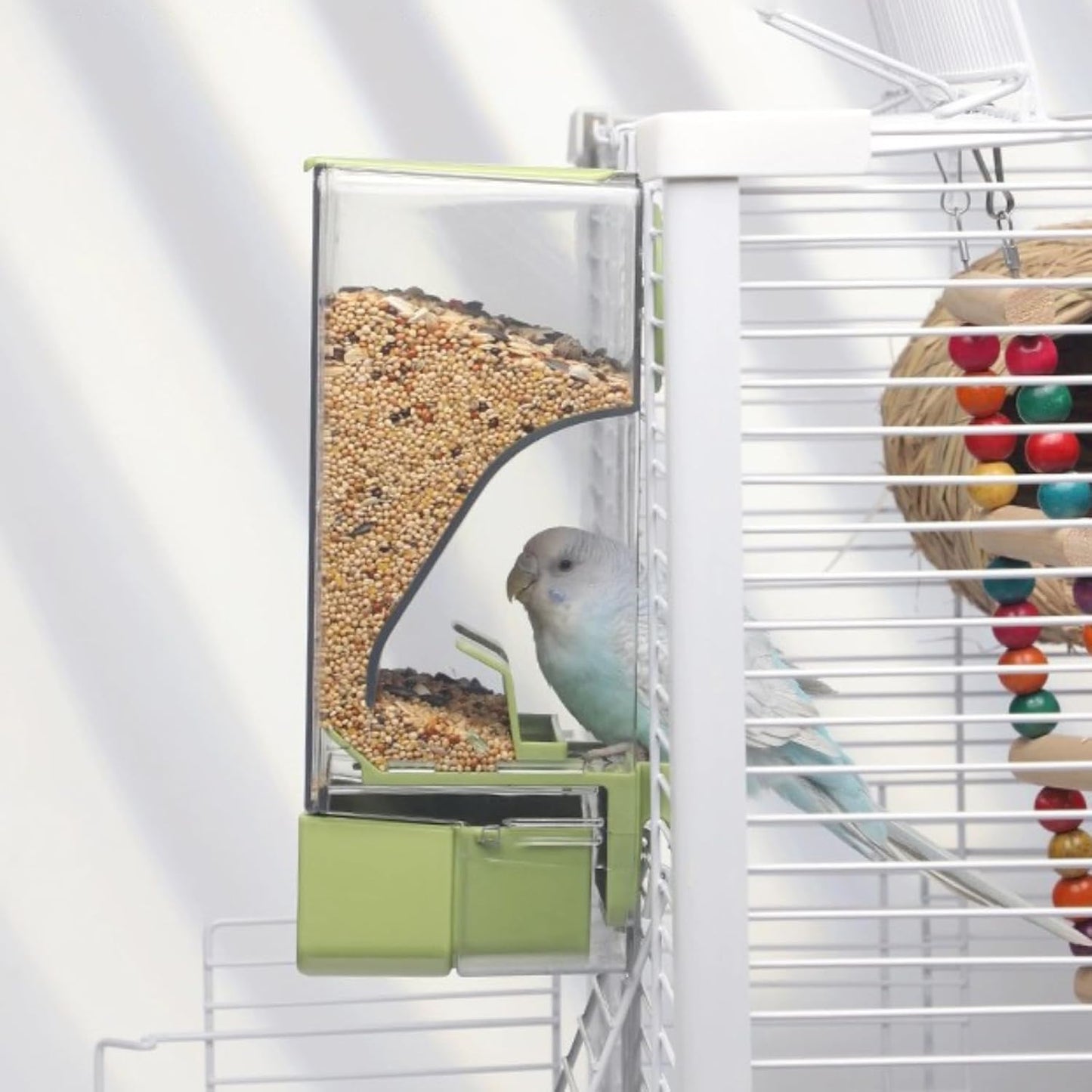 Automatic Bird Feeder, Bird Cage Feeder with Perch for Parakeet Canary Cockatiel Finch (Green)