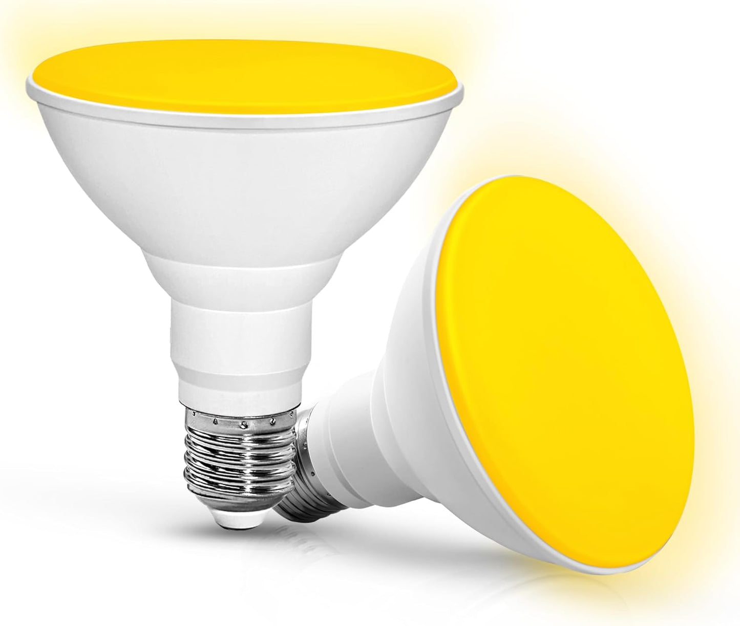 PAR30 Yellow Dusk to Dawn Bug Light Bulbs, 100W Equivalent 12W E26 Base | 1100LM Outdoor LED Flood Lamp, Amber Yellow 110V-130V Auto On/Off for Porch Deck Garden Patio, White Cover, Wet Rated, 2 Pack