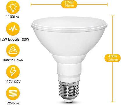 PAR30 Yellow Dusk to Dawn Bug Light Bulbs, 100W Equivalent 12W E26 Base | 1100LM Outdoor LED Flood Lamp, Amber Yellow 110V-130V Auto On/Off for Porch Deck Garden Patio, White Cover, Wet Rated, 2 Pack