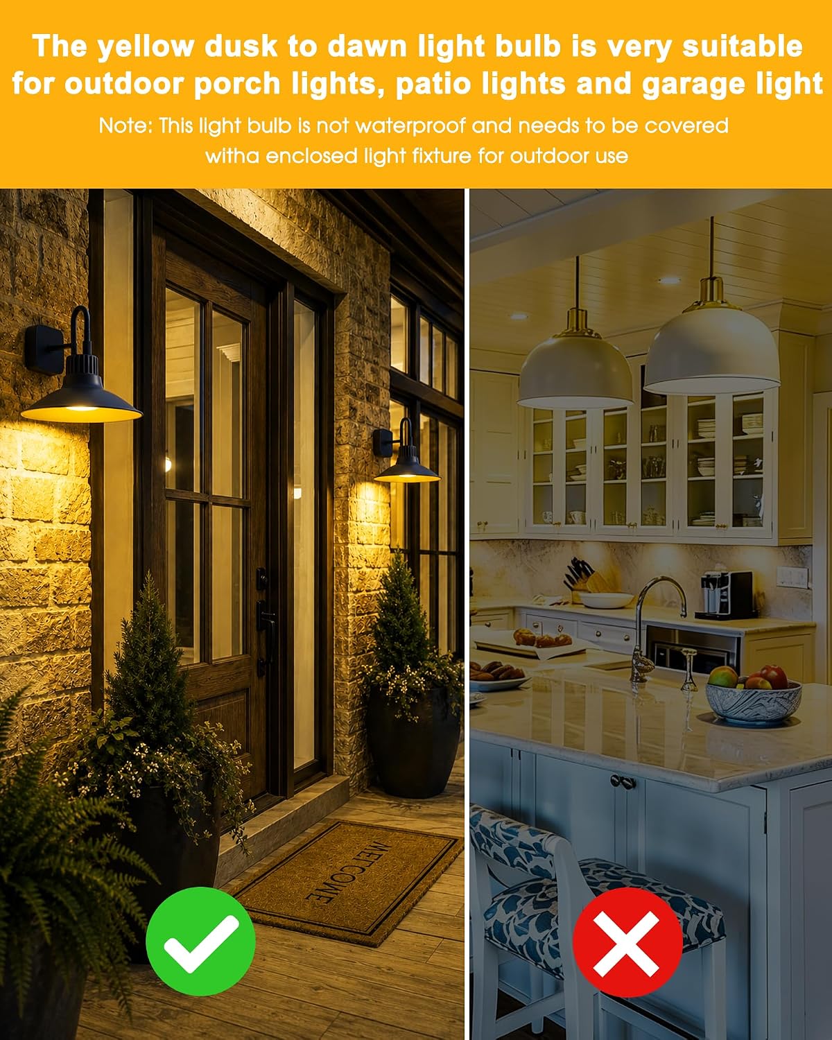 PAR30 Yellow Dusk to Dawn Bug Light Bulbs, 100W Equivalent 12W E26 Base | 1100LM Outdoor LED Flood Lamp, Amber Yellow 110V-130V Auto On/Off for Porch Deck Garden Patio, White Cover, Wet Rated, 2 Pack