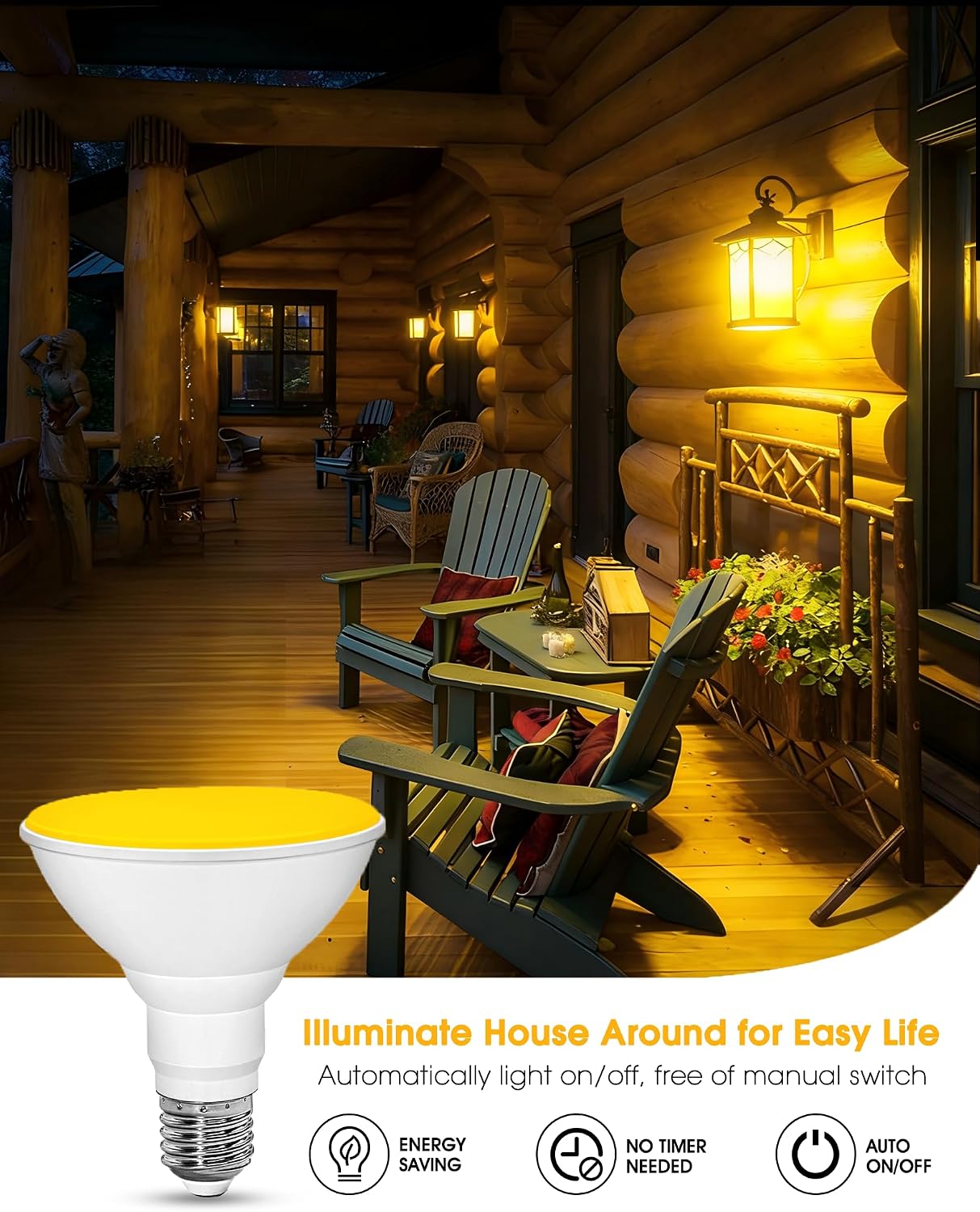 PAR30 Yellow Dusk to Dawn Bug Light Bulbs, 100W Equivalent 12W E26 Base | 1100LM Outdoor LED Flood Lamp, Amber Yellow 110V-130V Auto On/Off for Porch Deck Garden Patio, White Cover, Wet Rated, 2 Pack