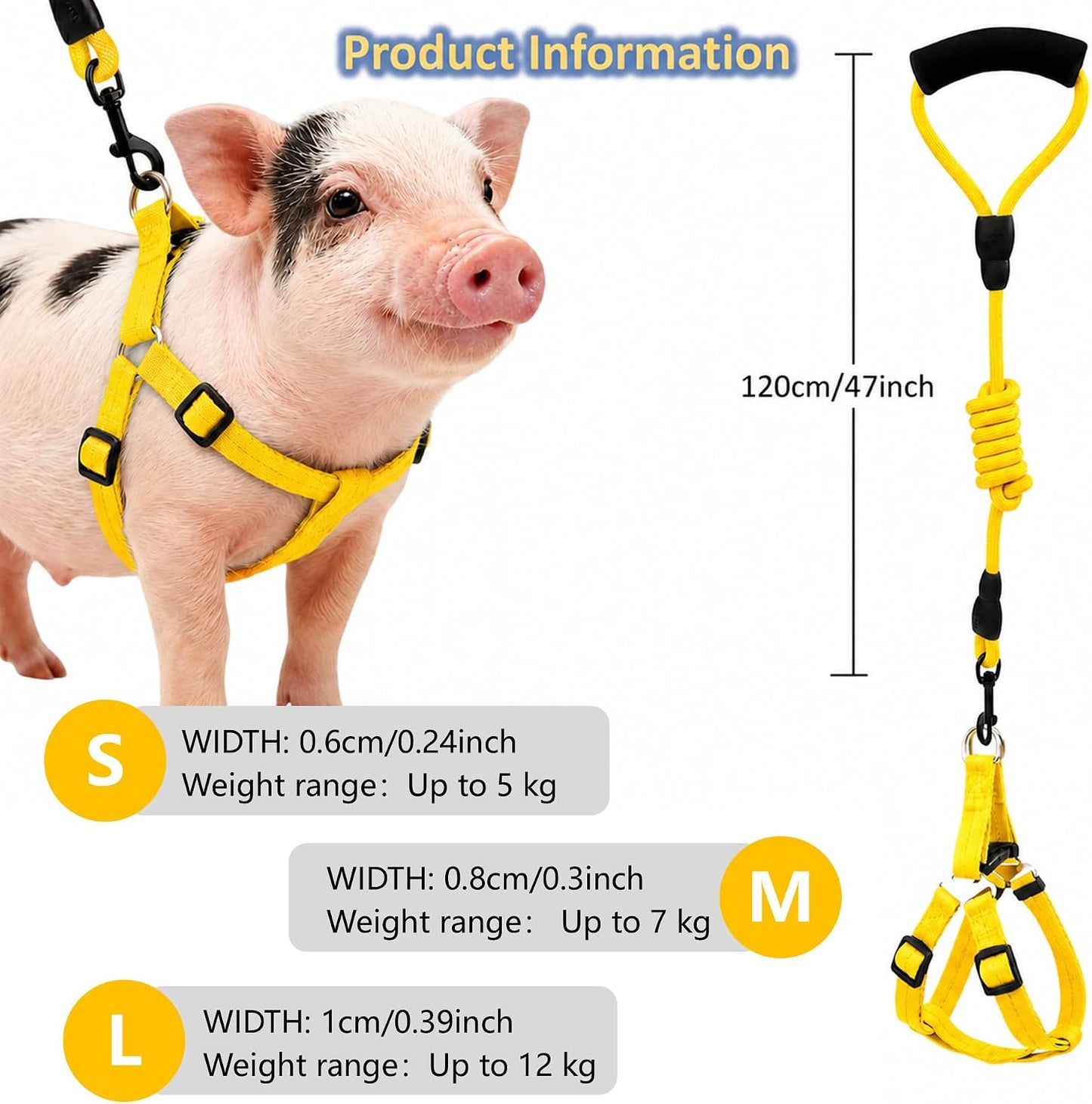Mini Pig Harness, Adjustable Small Pig Harness with Leash Infinity Style Lead and Soft Foam Handle for Small to Medium Pet Pigs Walking Training Jogging (Yellow, M)