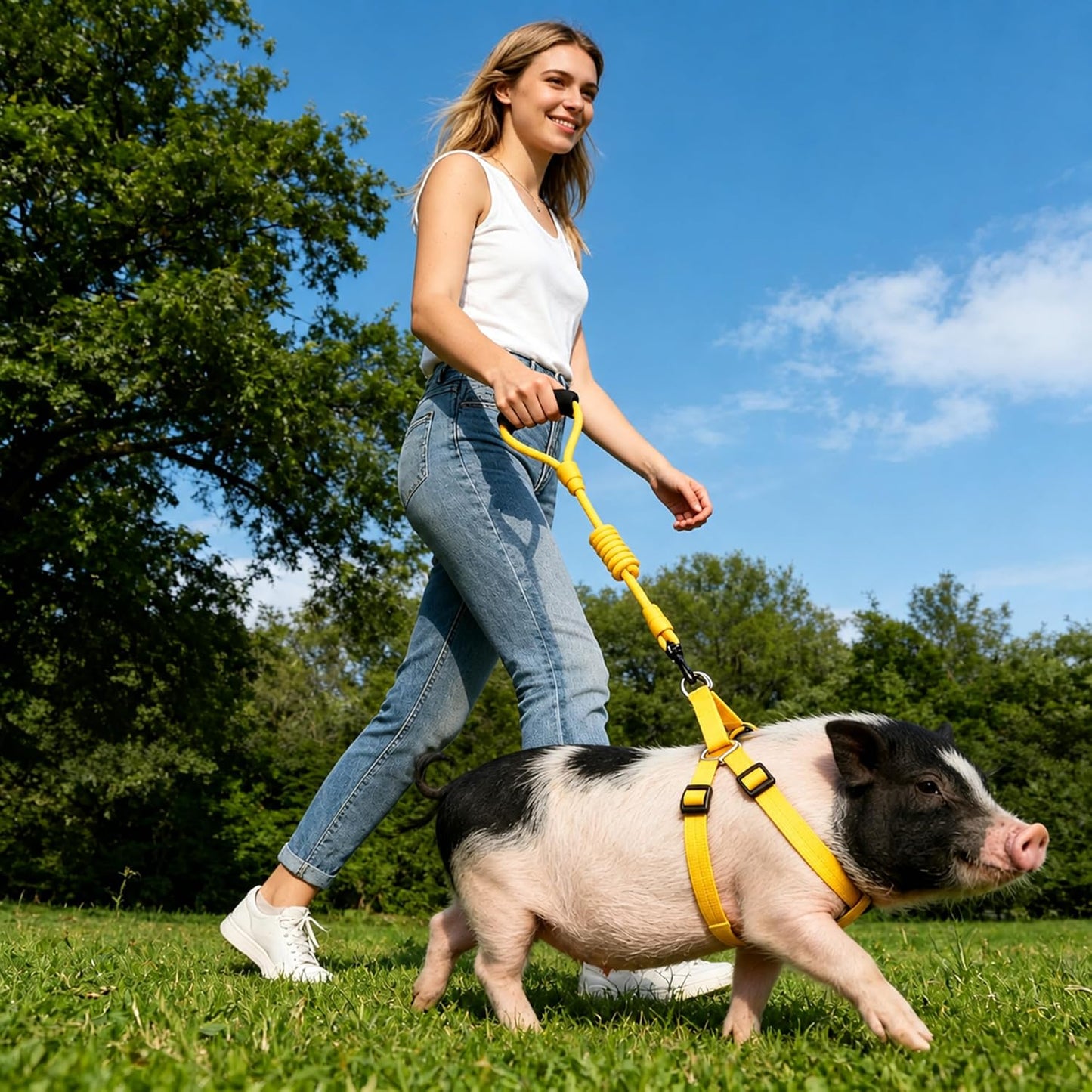 Mini Pig Harness, Adjustable Small Pig Harness with Leash Infinity Style Lead and Soft Foam Handle for Small to Medium Pet Pigs Walking Training Jogging (Yellow, M)