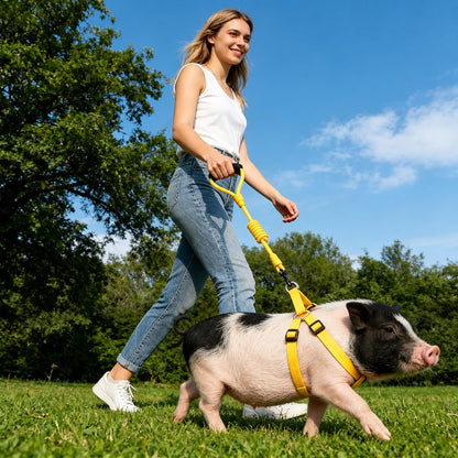 Mini Pig Harness, Adjustable Small Pig Harness with Leash Infinity Style Lead and Soft Foam Handle for Small to Medium Pet Pigs Walking Training Jogging (Yellow, M)