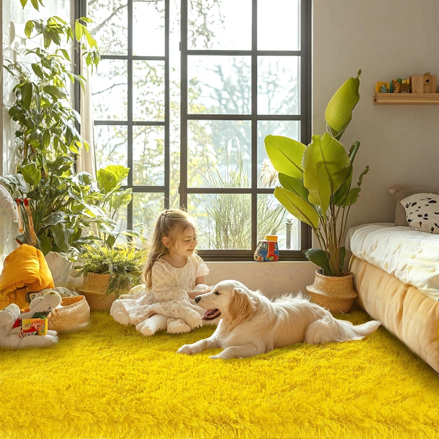 Yellow Fluffy Kids Rug for Bedroom: Shaggy Carpet for Girls Bedroom - Plush Soft Rugs for Cozy Bedside Dorm Room（Yellow,3x5 Feet）