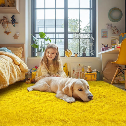 Yellow Fluffy Kids Rug for Bedroom: Shaggy Carpet for Girls Bedroom - Plush Soft Rugs for Cozy Bedside Dorm Room（Yellow,3x5 Feet）