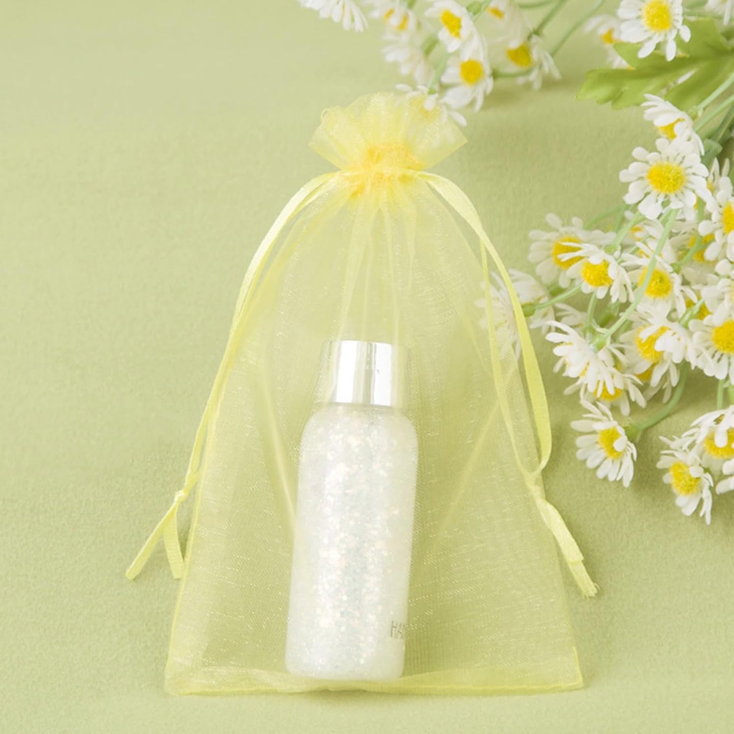 50 Count Sheer Organza Mesh Drawstring Gift Bags Yellow 4x6 Inch | Easter Baby Shower Christmas Rustic Wedding Party Favors Bridal Shower Birthday Clear Net Pouches for Jewelry Organizer Candy