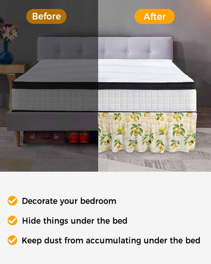 Yellow Lemons Bed Skirt Queen Size 16 Inch Drop, Adjustable Elastic Wrap Around Bed Skirts Easy Fitting Dust Ruffle Bedskirt Bed Frame Cover Summer Botanical Fruit Leaves Country