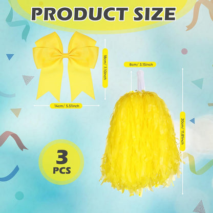 3 Pcs 10 in Cheerleading Pom Poms and Large Cheerleader Hair Bow Cheer Pompoms Cheerleading Accessories for Sport Events Dance Party Basketball Football Team