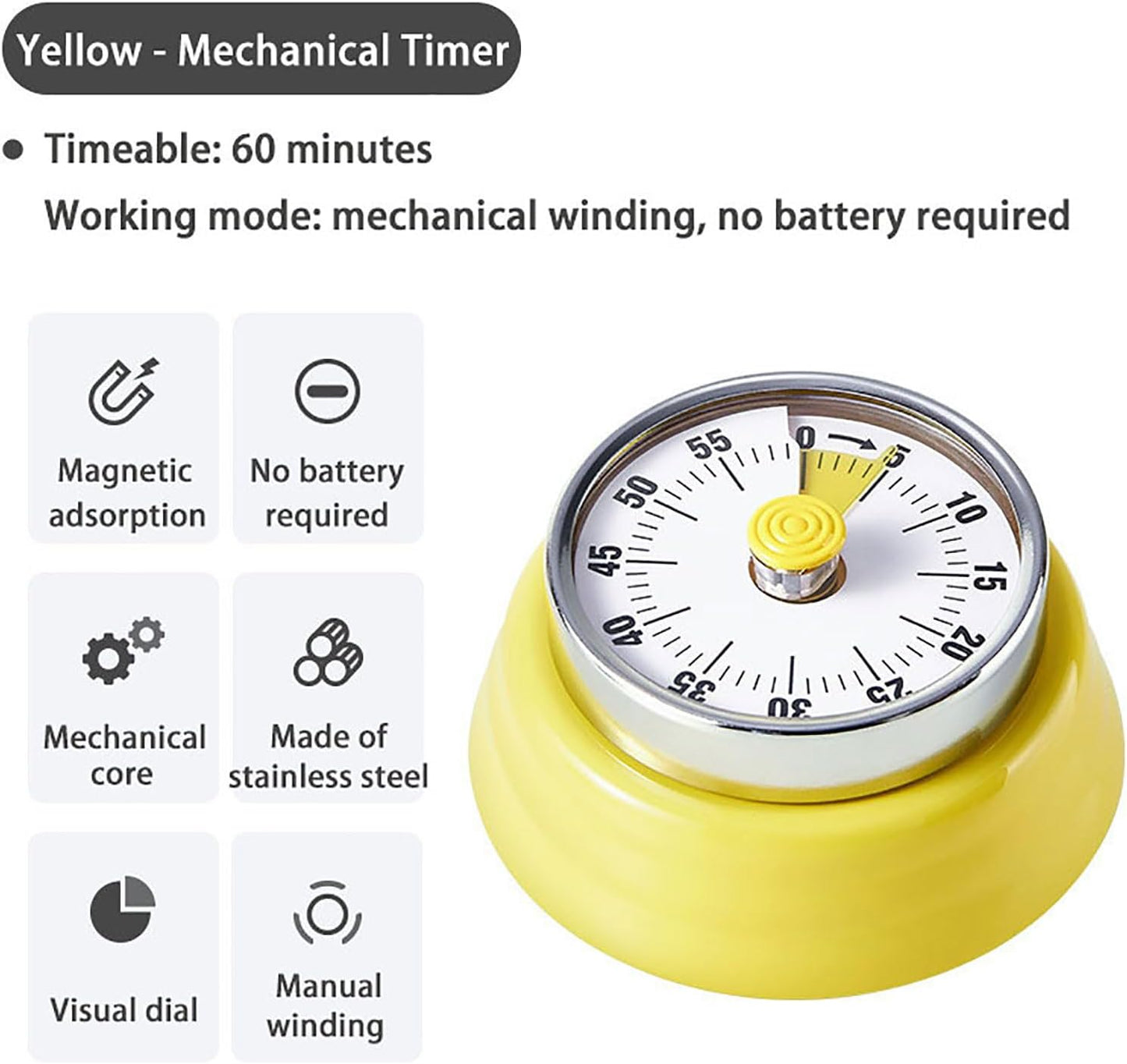 Elegant Stainless Steel Vintage Kitchen Timer with Magnetic Attachment - 60-Minute Countdown & Audible Alarm, Perfect for Cooking, Office Tasks, and Study Sessions (01-Yellow)