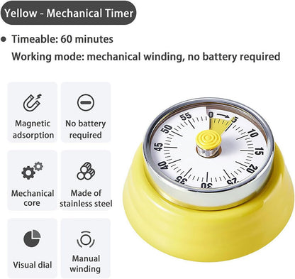 Elegant Stainless Steel Vintage Kitchen Timer with Magnetic Attachment - 60-Minute Countdown & Audible Alarm, Perfect for Cooking, Office Tasks, and Study Sessions (01-Yellow)