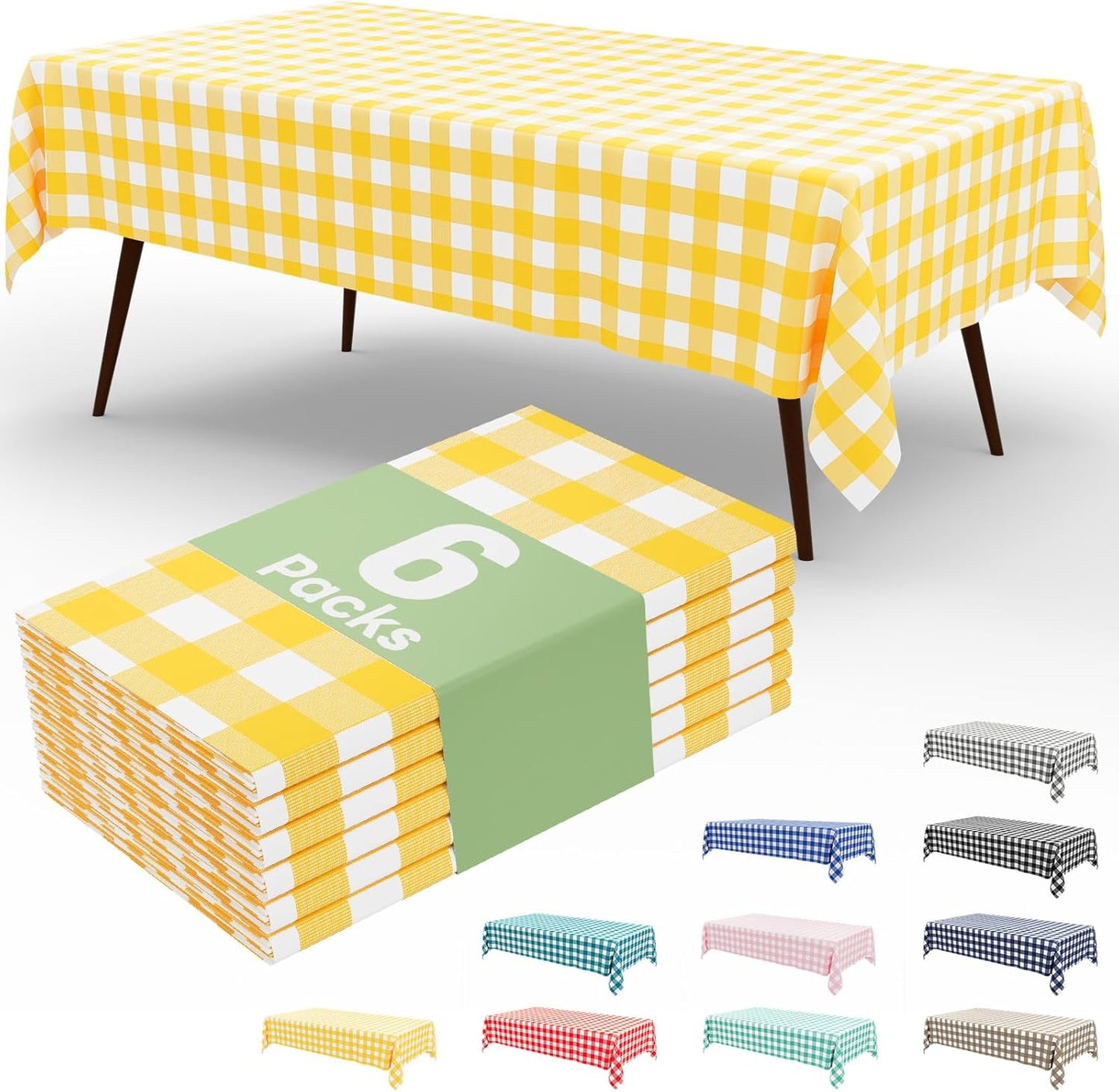 6 Packs Buffalo Disposable Table Cloth, 54 x 108 Inch Waterproof Plastic Tablecloth, Rectangle Yellow and White Checkered Table Covers for Picnic, Birthday, Party, Back to School