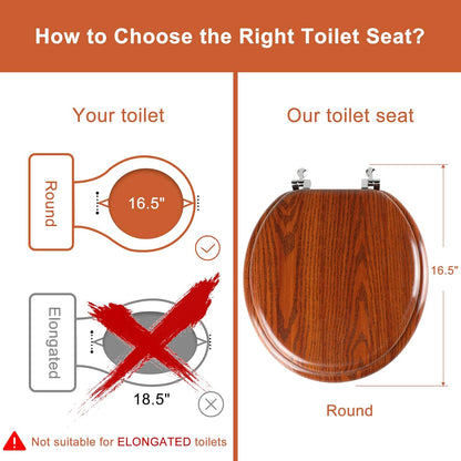 Round Toilet Seat Molded Wood Toilet Seat with Zinc Alloy Hinges, Easy to Install also Easy to Clean, Anti-pinch Wooden Toilet Seat (Round, Brownish Yellow)
