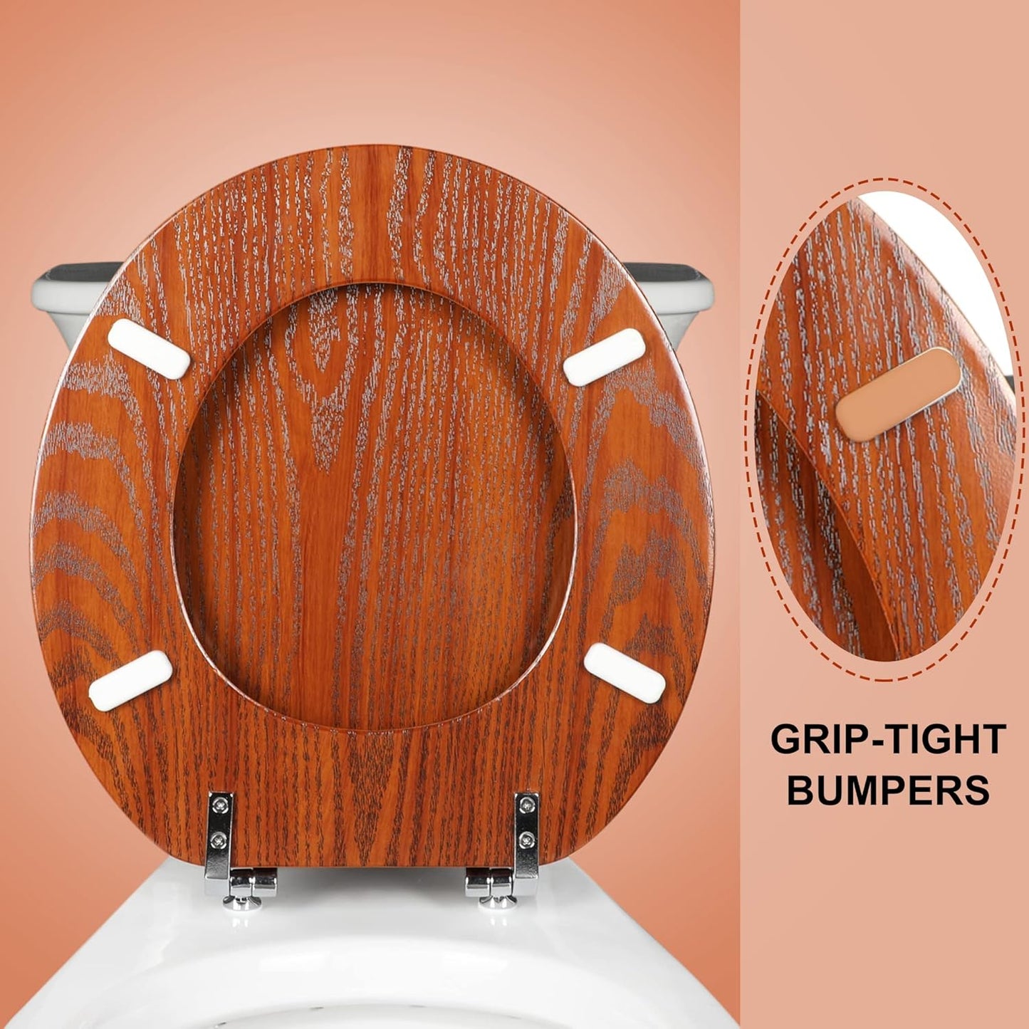 Round Toilet Seat Molded Wood Toilet Seat with Zinc Alloy Hinges, Easy to Install also Easy to Clean, Anti-pinch Wooden Toilet Seat (Round, Brownish Yellow)
